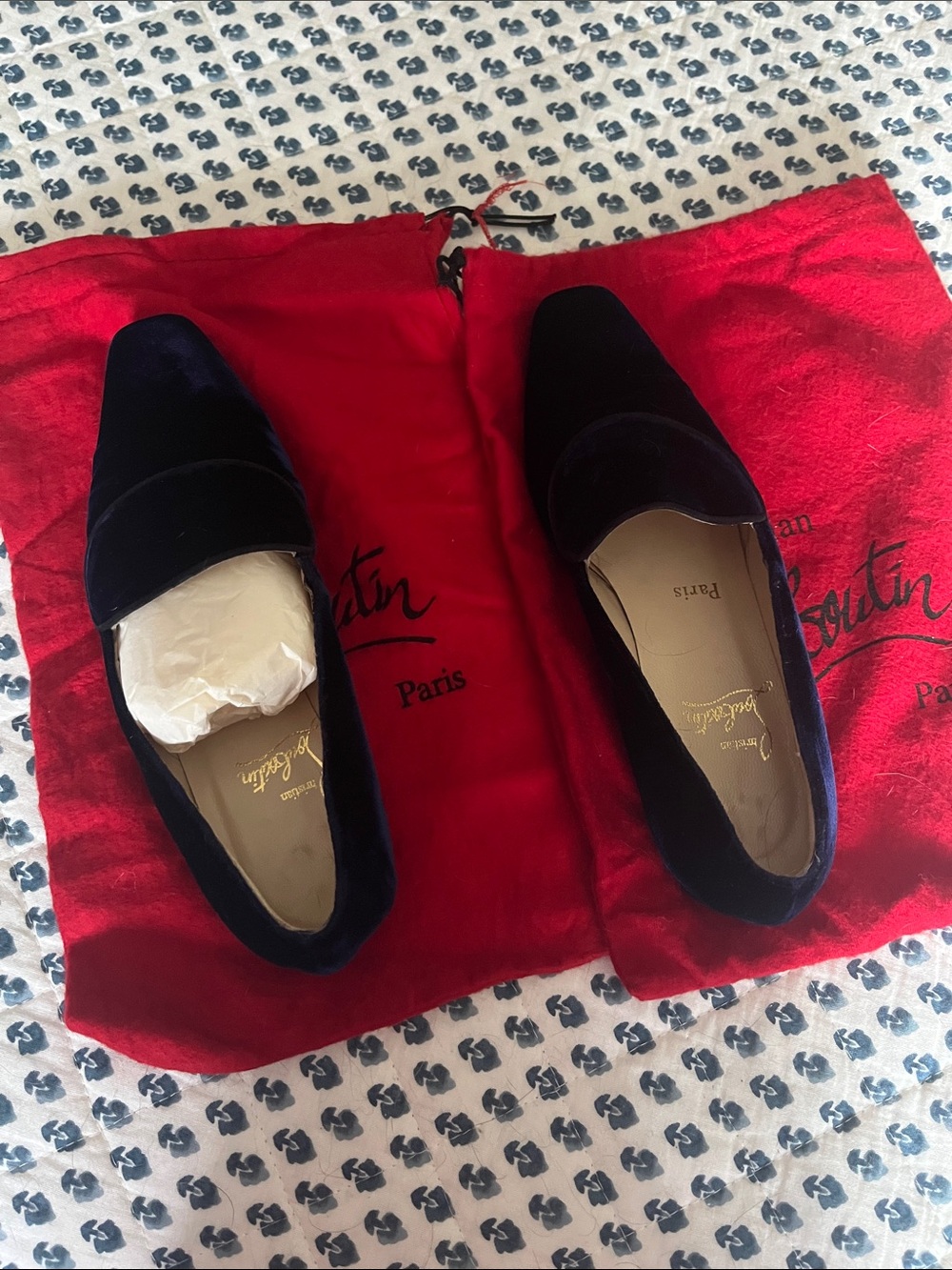 Christian Louboutin Velvet Penny Loafers in Dark Blue
